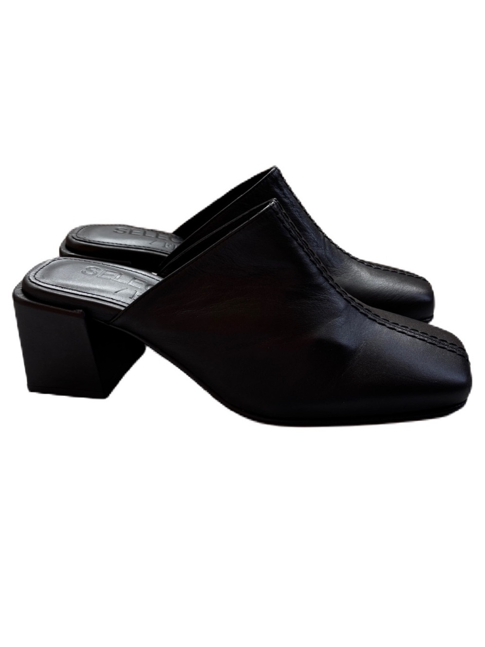 Selected Femme Black Leather Mules Block Heel Square Toe Y2K 90s Vibe Size 9 NEW